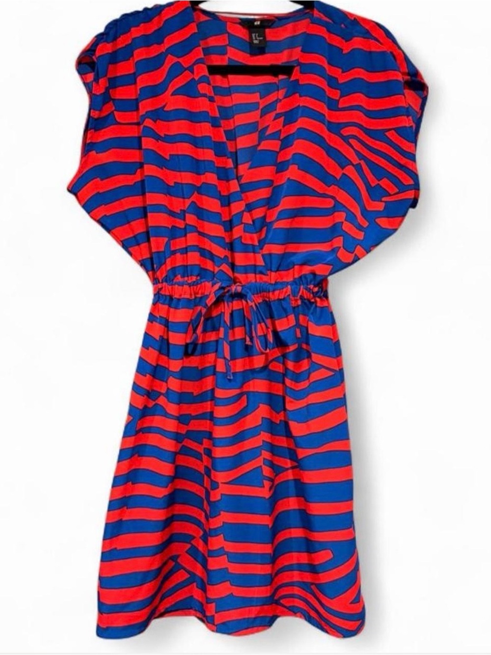H&M Blue & Ref Striped Cap Sleeve Tie Waist Mini Dress | Size 8